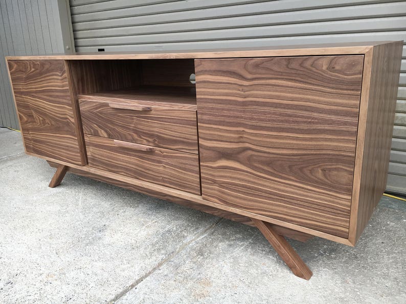 FREE SHIPPING New Hand Built Mid Century Style TV Stand / Buffet / Credenza. Walnut 2 Drawer and 2 Door with Angled Leg Base image 4