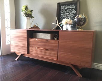 NEW Hand Built Mid Century Style TV Stand / Buffet / Credenza. Mahogany 2 Drawer w/shelf and 2 Doors.  Angled Leg Base!