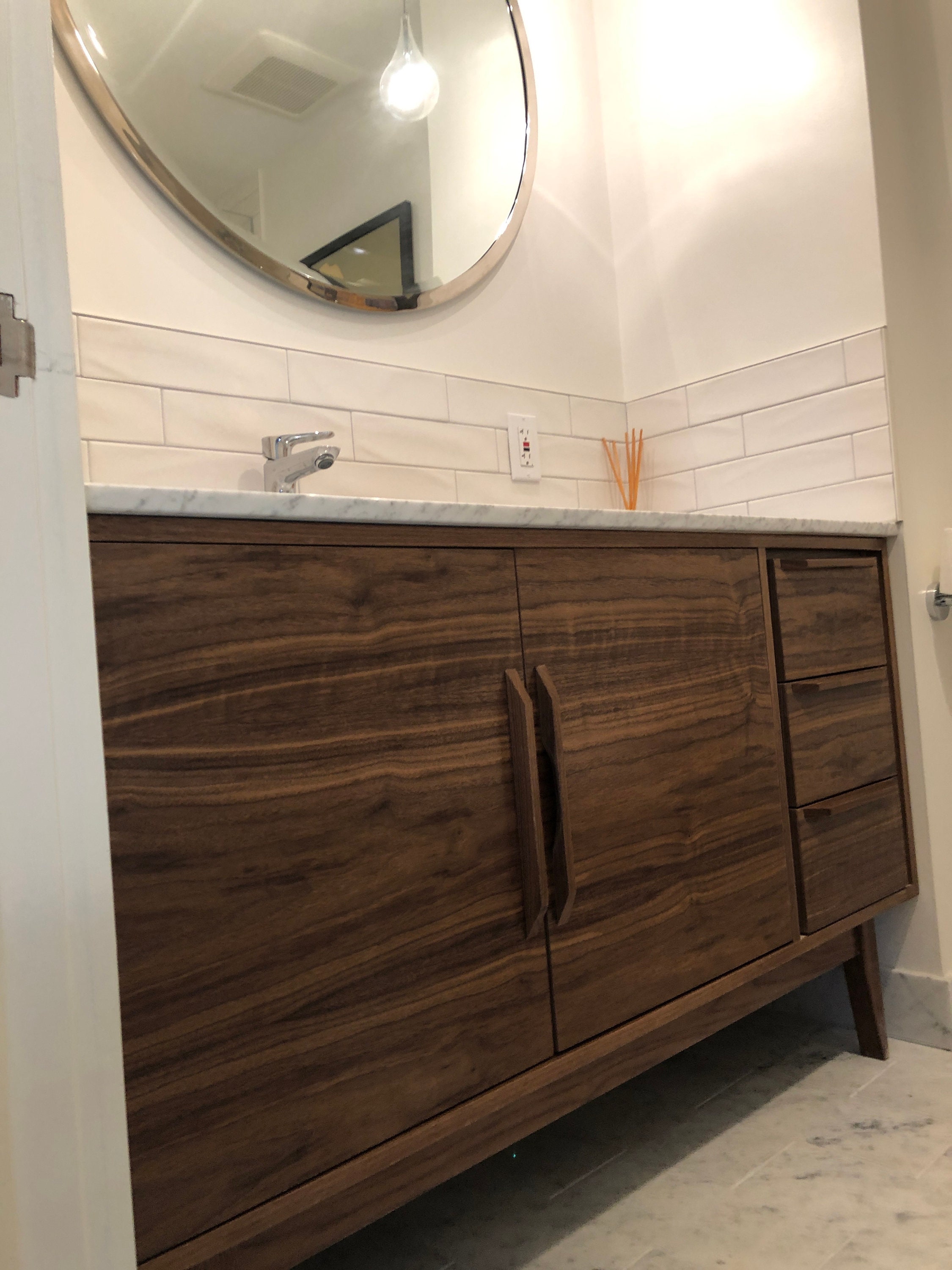 mid century style walnut bathroom vanity cabinet 3 drawer - etsy