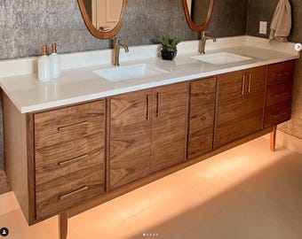 Handmade Mid-Century Modern Wood Vanity: 96&quot; Dual Sink Cabinet