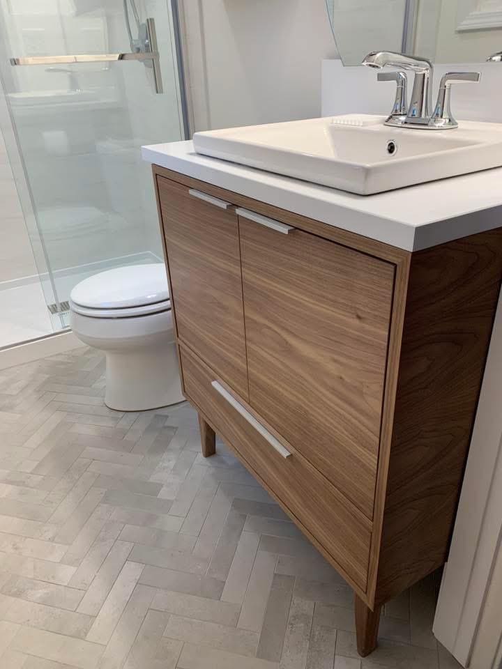 Handmade Mid Century Wood Bathroom Vanity: Dual Sink, USA Made