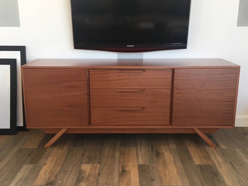 NEW Hand Built Mid Century Style Buffet / Credenza / TV Stand / Dresser. Mahogany 3 Drawer and 2 Door Angled Leg Base image 1
