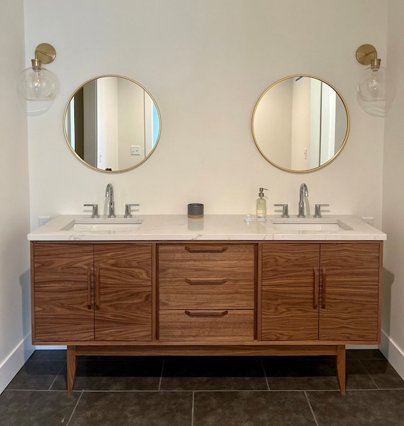 Mid Century Style 6' Bathroom Vanity Cabinet in Walnut Angled Leg Base Free  Shipping 