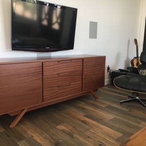 NEW Hand Built Mid Century Style Buffet / Credenza / TV Stand / Dresser. Mahogany 3 Drawer and 2 Door Angled Leg Base image 2