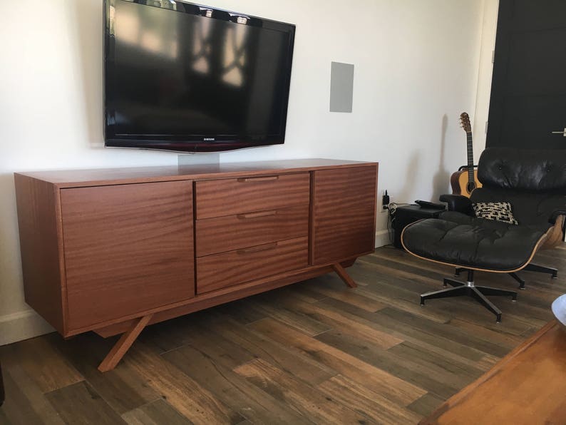 NEW Hand Built Mid Century Style Buffet / Credenza / TV Stand / Dresser. Mahogany 3 Drawer and 2 Door Angled Leg Base image 2