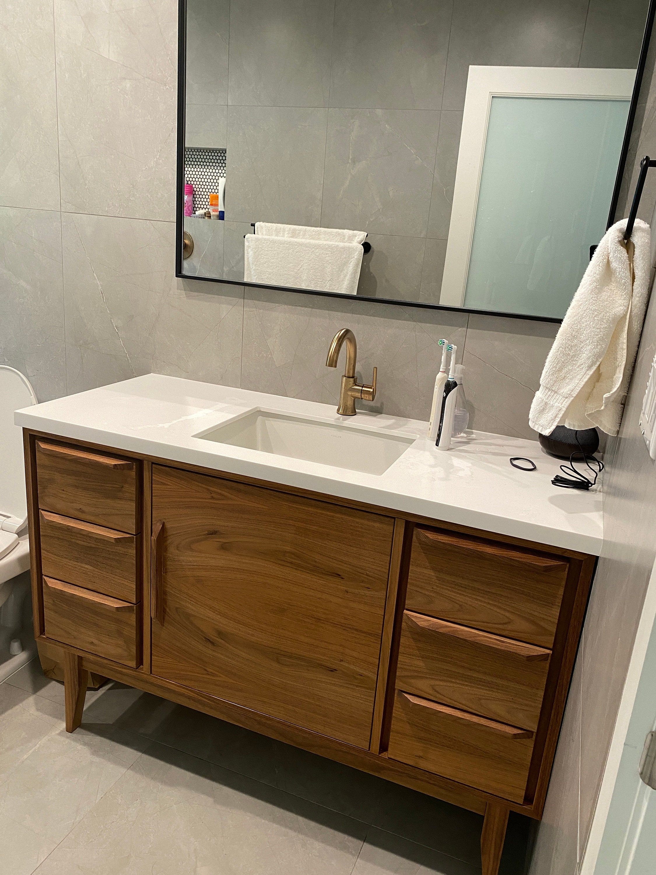 Mid Century Style 6' Bathroom Vanity Cabinet in Walnut Angled Leg Base Free  Shipping 