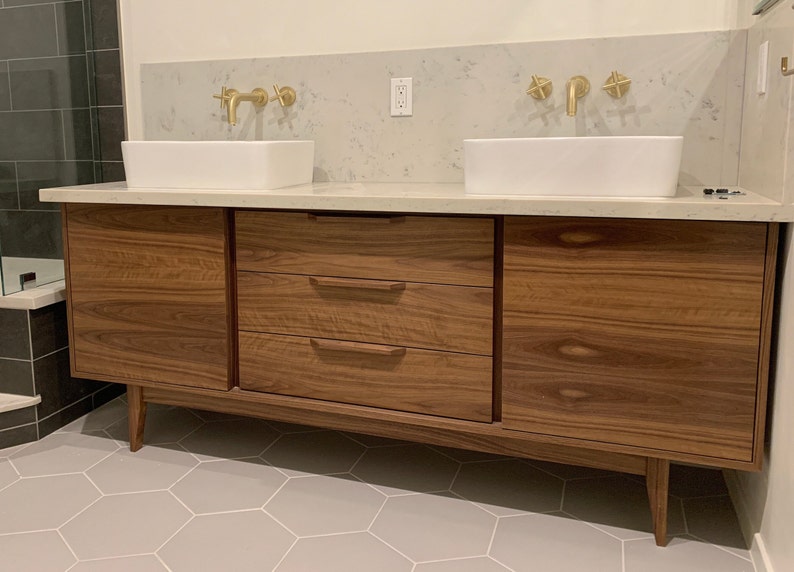 72 Mid Century Bathroom Vanity Cabinet Dual Sink, 2 Doors, 3 Drawers Customize to Your Unique Style For New Home Build or Remodel image 1