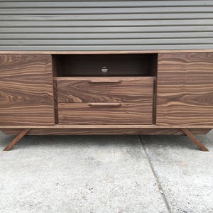 FREE SHIPPING New Hand Built Mid Century Style TV Stand / Buffet / Credenza. Walnut 2 Drawer and 2 Door with Angled Leg Base image 1