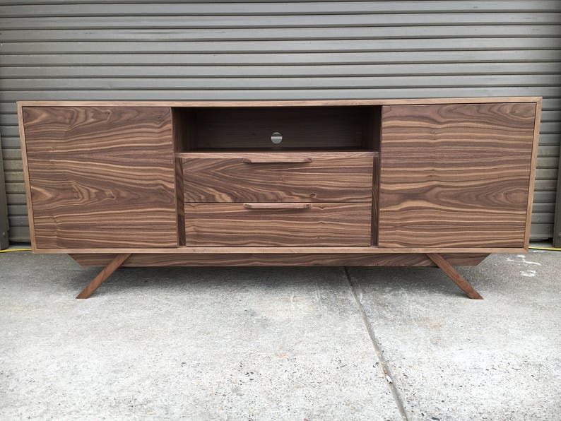 FREE SHIPPING New Hand Built Mid Century Style TV Stand / Buffet / Credenza. Walnut 2 Drawer and 2 Door with Angled Leg Base image 1