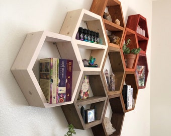 Special Set of 10 Hexagon Shelves on Wall Beehive Bee Honeycomb Shelf Decor Wood Home Essential Oil Natural Wooden Crystal Storage Display