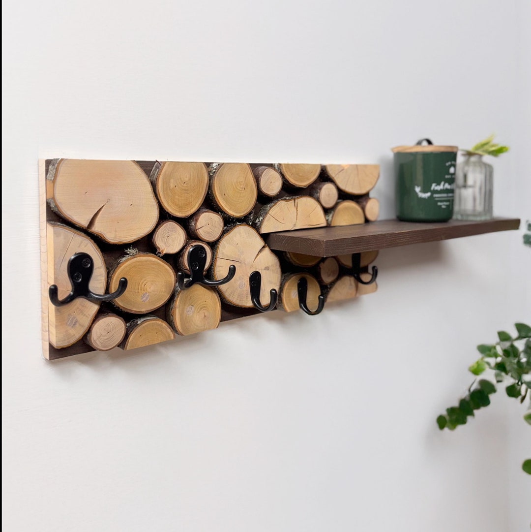 Wood Branch Coat Rack With Shelf | Natural Key Holder | Rustic Home ...