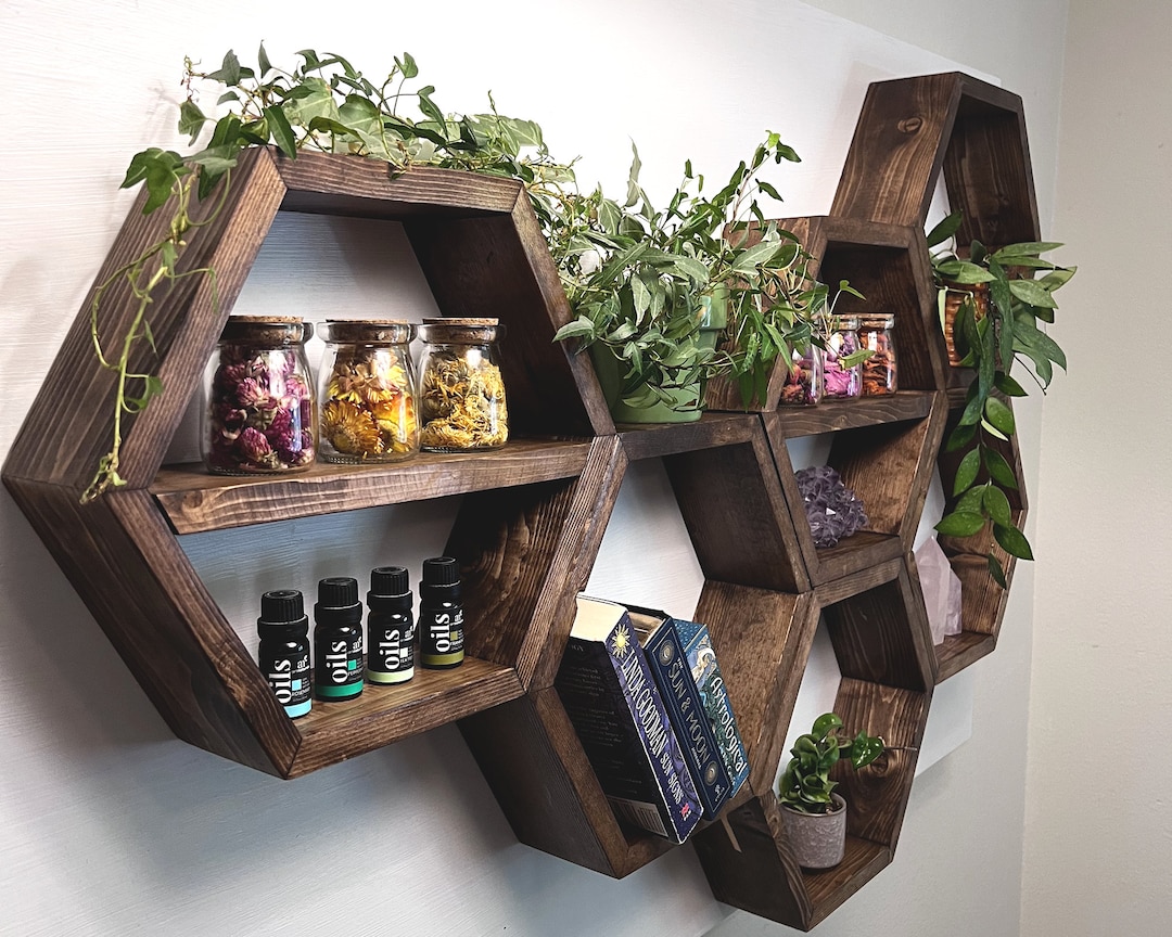 Set of 6 Hexagon Shelves Floating Shelf Shelf Crystal Shelf Wood Hexagon Plant Shelf