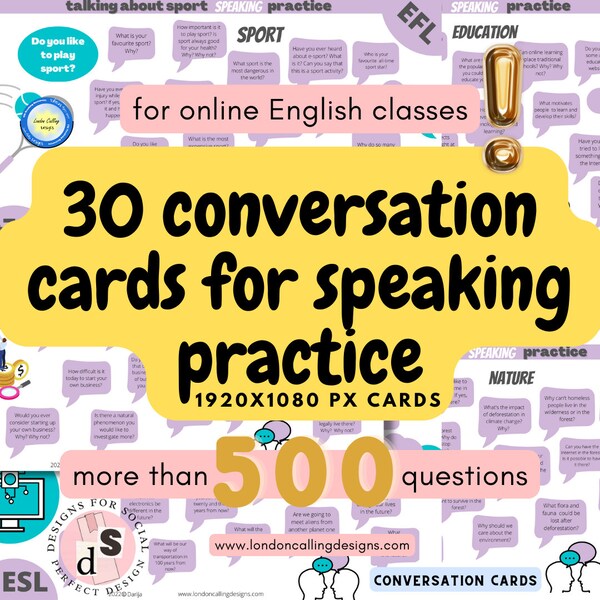 Conversation Cards for ESL or EFL students-Great for Online Teaching! Printable Props for Online English Teachers! More than 500 questions!