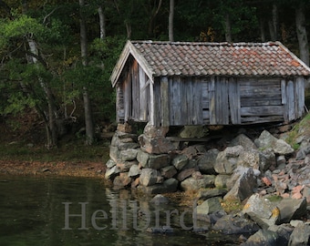 Sweden Boathouse Photography Print, Autumn Wall Art (Digital Download)