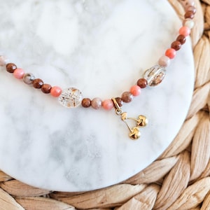 Beaded Gemstone Cherry Charm Necklace: Gold Plated Stainless Steel