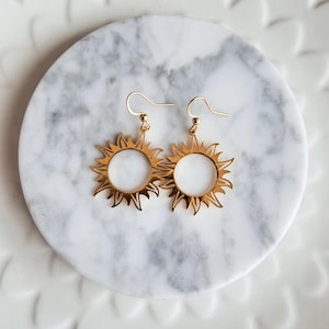 Gold Sun Earrings: Mother of Pearl Heart Charms, Stainless Steel