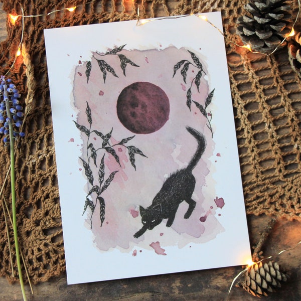 Black cat and full moon art print