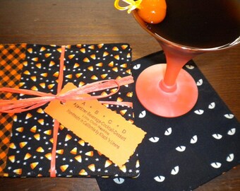 Halloween Cocktail or Dessert Napkins, Candy Corn, Glow in the Dark Spooky Eyes, Orange and Black Trim, Reversible, Reusable, Set of Four