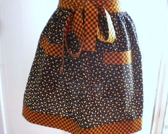 Candy Corn Print Halloween Half Apron with Orange and Black Bias Check Trim
