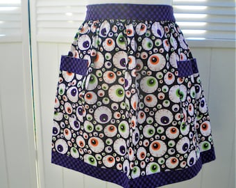 Spooky and Silly Eyeballs Halloween Apron, Half Apron with Eyeballs Big and Small! Black, Orange, Green and Purple with Contrast Purple Trim