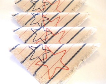 Stars and Stripes Patriotic Red, White & Blue Hand Embroidered Ticking Cloth Cocktail/Dessert Napkins, S/4