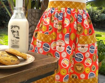 Milk Bottle Cap Half Apron, Red with Butterscotch Plaid Trim