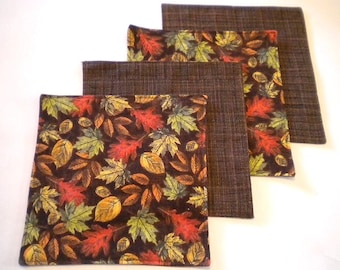 Thanksgiving Harvest napkins, Autumn Leaves in Fall Colors, Appetizer, Beverage, Cocktail or Dessert Size, Reversible, Reusable, Set of Four