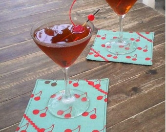 Cherry Reversible Cloth Cocktail or Dessert Napkins with Rickrack Trim, Set of 4
