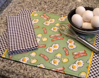 Bacon and Eggs Breakfast Placemat and napkin set with Black and White check Contrast and Yellow Trim