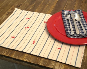 Striped Patriotic Red, White & Blue Mattress Ticking Reversible Placemat with Blue and Red Stripes, Yarn Ties and Mathing Napkin