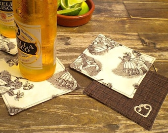 Day of the Dead Cloth Reversible Coasters or Beverage Napkins with Hand Embroidered Details, set of 4