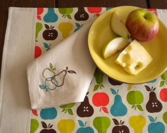 Apples and Pears Reversible Placemat and Napkin with Hand Embroidered Accents