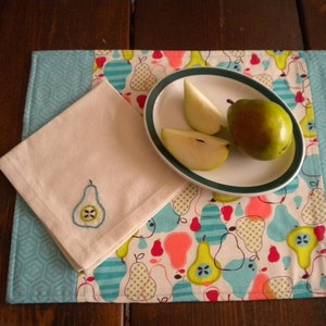 Pretty Pears Reversible Placemat and Napkin with Hand Embroidered Accent