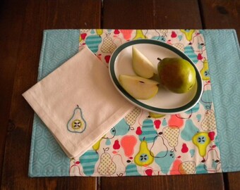Pretty Pears Reversible Placemat and Napkin with Hand Embroidered Accent