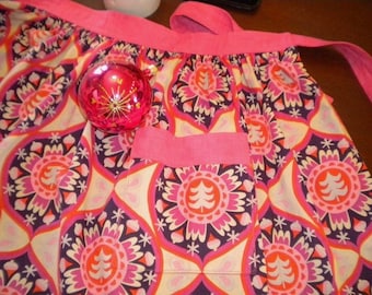 Retro Print Pink. Purple, Orange Christmas Half Apron with Trees and Ornaments
