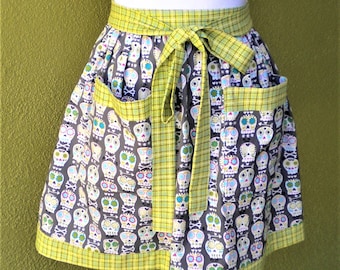 Sugar Skulls Half Apron, Pink, Turquoise and Lime Green on Grey with Lime Green Trim at Pockets, Hem & Waist, Halloween or Day of the Dead