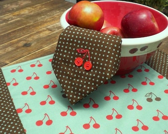 Red Cherries Placemat and Napkin with Hand Embroidery and Button Details