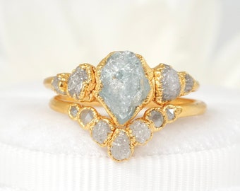 READY To SHIP. US size 4.25. Yellow Gold Plated Raw Aquamarine and White Raw Diamond Wedding Set