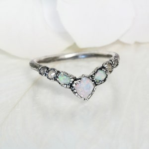 Opal and diamond Chevron Ring Rough Australian Opal Ring Pure Silver Australian Opal Wedding Ring Natural Raw Crystal Ring