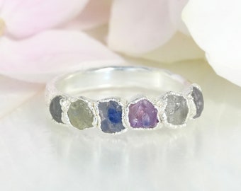 Colourful Sapphire Ring Multicolour Raw Sapphire Ring Electroformed Silver Jewellery Natural Sapphire Wedding Band Silver Promise Ring