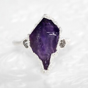 999 Pure Fine Silver RawAmethyst and White Raw Diamond Engagement Ring Engagement Ring Amethyst Engagement Ring Raw Stone Engagement Ring image 5