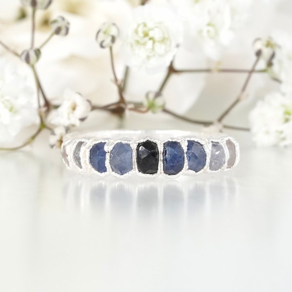 Natural Sapphire Ring Wide Shaded Sapphire Ring September Birthstone Ring Coloured Stone Wedding Band Pure Silver Sapphire Ring