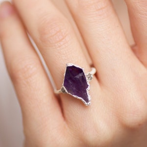 999 Pure Fine Silver RawAmethyst and White Raw Diamond Engagement Ring Engagement Ring Amethyst Engagement Ring Raw Stone Engagement Ring image 2