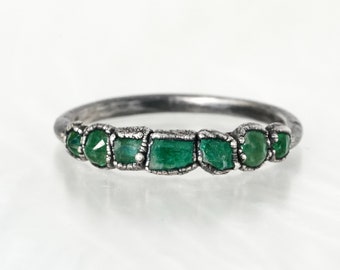 Emerald Band Ring Natural Crystal Wedding Band Emerald Silver Ring May Birthstone Jewellery 999 Silver Ring