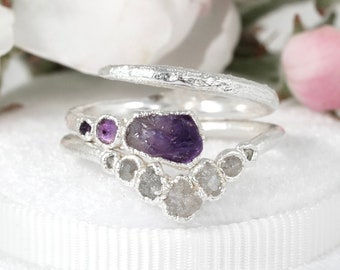 SET or SINGLE // Raw Amethyst Snake Ring and Diamond Wedding Band