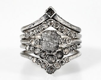 Custom Ring Set Rough Raw Gery Diamond Rings Urban Wedding Set Diamond Silver Rings Electroformed Silver Jewellery Urban Engagement Ring