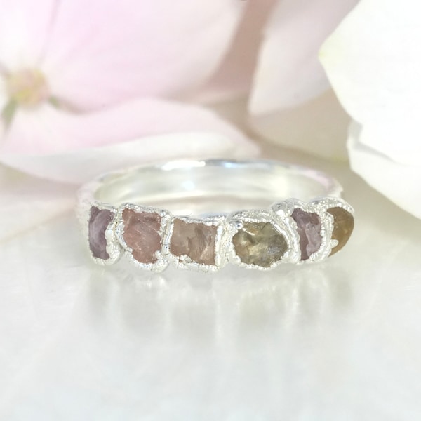 Pale Raw Sapphire Ring Natural Sapphire 999 Pure Silver Wedding Band September Birthstone Ring Unique Raw Crystal Ring Multicolour Ring