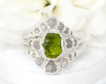 SET or SINGLE // Raw Peridot and Raw White Diamond Wedding Ring Set Rustic Ring Set