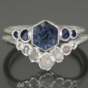 Saphir und Diamant Ehering Set Roher blauer Saphir Verlobungsring Natürlicher Kristall Vorschlag Ring Diamant Ehering Alternative Ring Bild 5