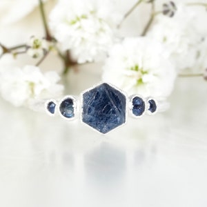 Raw Blue Hexagon Sapphire crystal Ring Natural Sapphire Engagement Ring Pure Silver Sapphire Ring